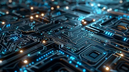 Obraz premium Close-up perspective of a complex electronic circuit board with glowing blue lights tracing pathways and data points. Technology, computing, and data flow concept. 