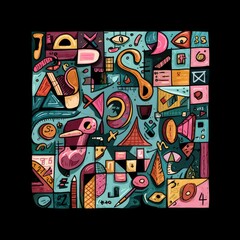 Vibrant abstract design with a variety of shapes, colors, and patterns.  Intricate and detailed, a visual explosion of geometric forms and doodles.  Eye-catching and artistic composition