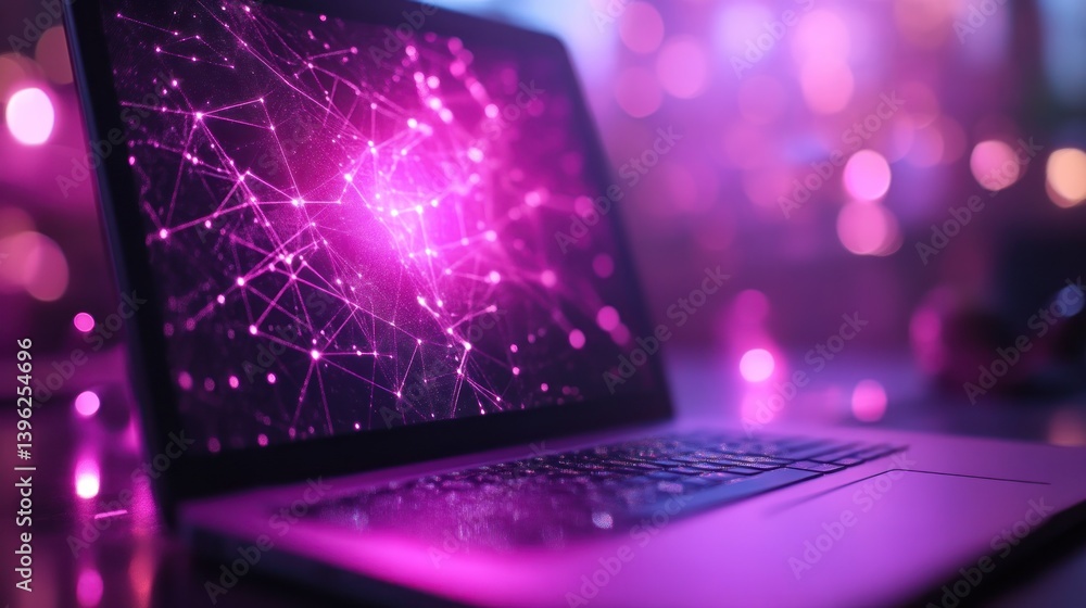 Poster futuristic laptop display with glowing network connections and bokeh background for technology