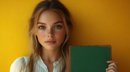 A young individual holding a blank chalkboard against a vibrant yellow background ideal for ed