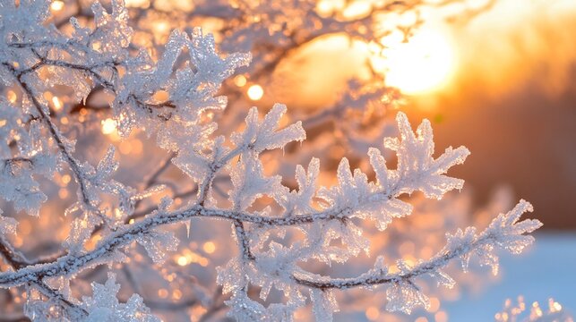 Glistening ice covered trees winter sunrise hitting frost covered tree branches sparkling like crystals