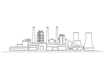 Obraz premium Minimalist continuous line drawing of an industrial factory exterior complex