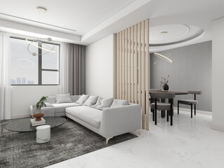Contemporary living room and dining room with neutral colors, modern decor, and a panoramic window. 3D rendering, interior design, 3D illustration