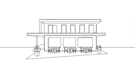 Minimalist restaurant building with outdoor seating in a single continuous line