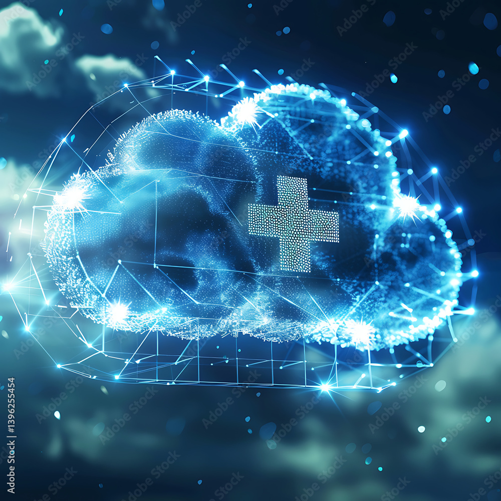 Poster digital illustration representing healthcare cloud computing. a glowing blue particle network forms 