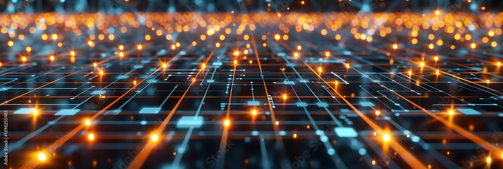 Poster abstract technology background depicting glowing orange and blue data streams moving rapidly across 