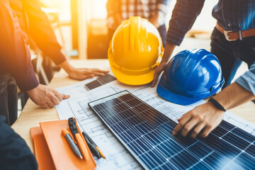 Engineers Collaborating on Solar Panel Design with Hardhats in Construction Environment