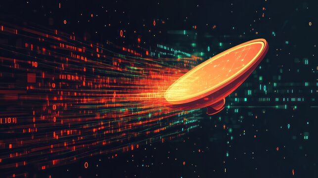 Futuristic Ufo in a Digital Data Stream Universe Flying Through Binary Code and Information Fl