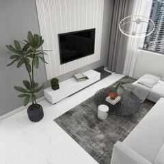 Contemporary living room with neutral colors, modern decor with a top view. 3D rendering, interior design, 3D illustration