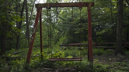 An old, rusty metal swing set stands abandoned and overgrown in a dense green forest, evoking feelings of nostalgia, solitude, and decay in nature.
