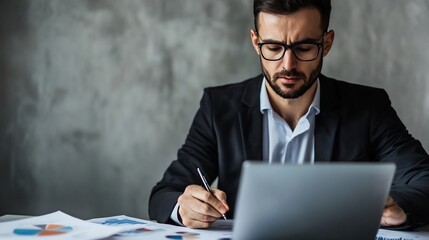 Business consultant reviewing key business metrics surrounded a soft grey background to reflect professionalism and calm decision making