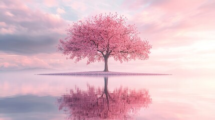 Solo Pink Blossom Tree Reflected in Tranquil Water Under Pink Skies