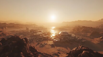 Futuristic Martian Colony Sunrise Desert Landscape Panoramic View Breathtaking Golden Hour Alien Planet Red Planet Science Fiction Digital Art Mars   
