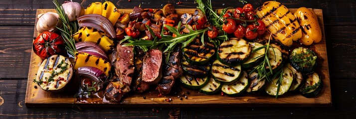 Fototapeta premium Overhead view of a rustic wooden platter laden with grilled food: sliced medium-rare steak and colorful assorted vegetables like peppers, zucchini, onions, tomatoes. 