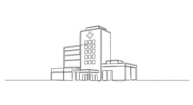 Continuous Line Art: A Minimalist Hospital Facade with Helipad on Rooftop