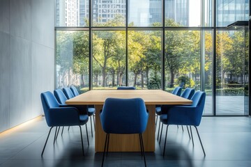 Fototapeta premium Modern conference room featuring a large square wooden table and blue chairs, with a cityscape view through glass walls and a gray wall mockup, ideal for business presentations.