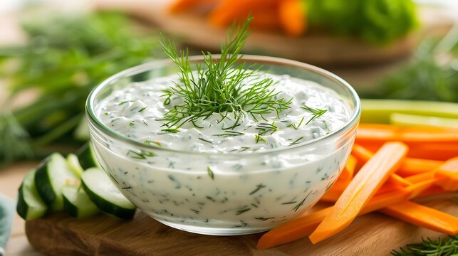 Vibrant dill pickle dip a glass bowl tangy and creamy served with fresh vegetable sticks