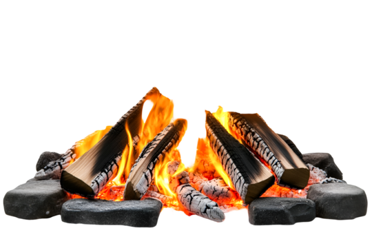 Warmth and comfort of a crackling fire glowing embers and burning wood