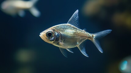 Close-up of a silver-scaled fish in a dark aquarium.