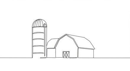 Elegant minimalist line drawing of a barn and grain silo on a white background