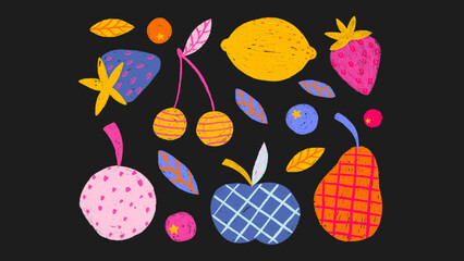 Cute kids fruit set in sketch style. Crayon scribbles, pastel textures, colorful hand-drawn fruits for fun creative design projects