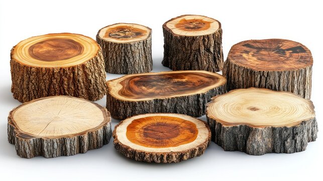 Collection of wood slices. Various shapes and sizes of wooden discs, featuring different wood grain patterns, perfect for decorative or functional use