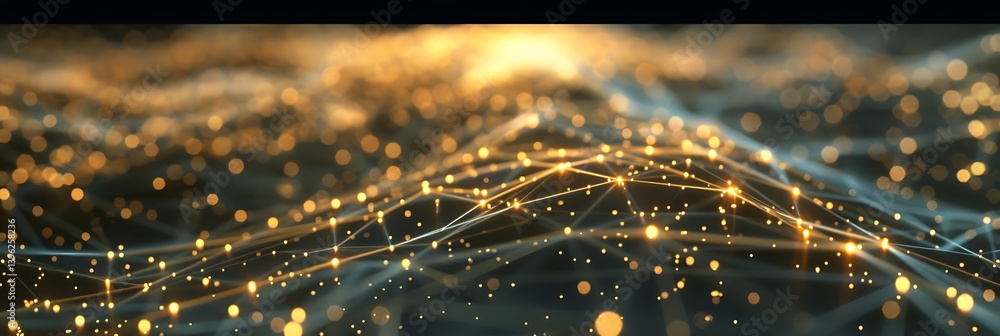Poster abstract background featuring a flowing network of glowing golden particles and lines over a dark, u