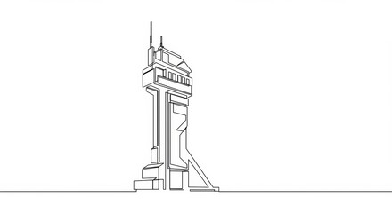 Obraz premium Minimalist one-line drawing of a futuristic tower against white backdrop for modern designs