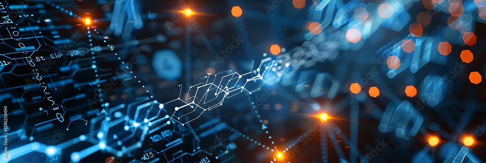 Poster abstract science and technology background with glowing molecular structures, dna helix, and network
