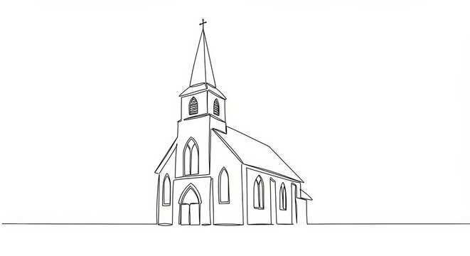 Minimalist line drawing of a traditional church with steeple and arched windows