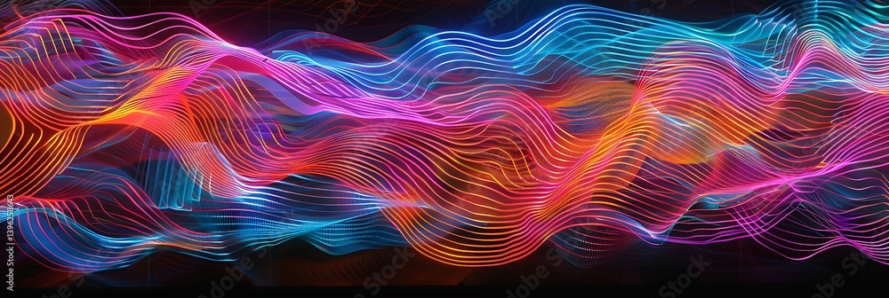 Poster abstract background of vibrant, glowing, intertwined wavy lines resembling sound waves or energy flo