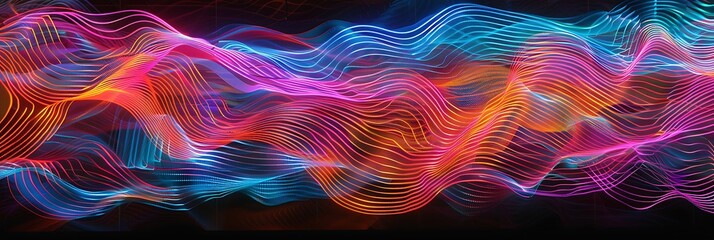 Abstract background of vibrant, glowing, intertwined wavy lines resembling sound waves or energy flow in multiple colors against a dark backdrop. Dynamic concept.
