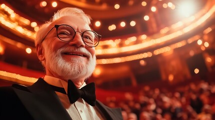 active longevity. cultural leisure. elderly man in the theater, empty space for text - image for social advertising for advertising healthy lifestyle - 2