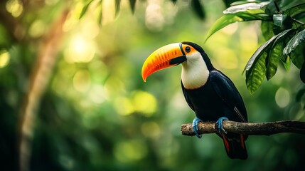 A colorful toucan perched on a branch in a lush green forest with sunlight filtering through the leaves