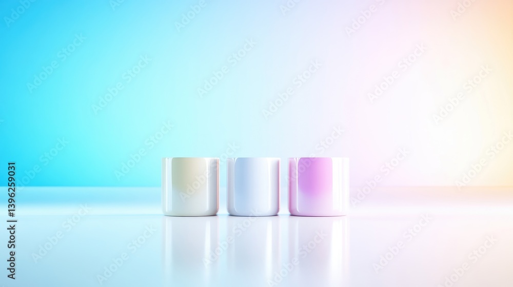 Poster three pastel-colored cylindrical objects on a reflective surface against a vibrant gradient backgrou