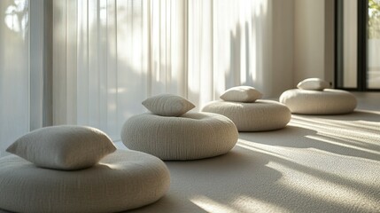 A serene meditation space with comfortable, light-colored seating cushions.