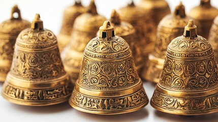 Golden Christmas bells intricate engravings artistically arranged on a pristine white background for a premium holiday look