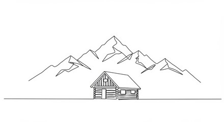 Simple Line Art: Log Cabin Retreat Nestled at the Foot of Majestic Mountains