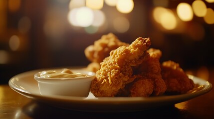 Golden, crispy fried chicken pieces served on a white plate with a small bowl of creamy dipping sauce in a warm, inviting restaurant setting with blurred background lights