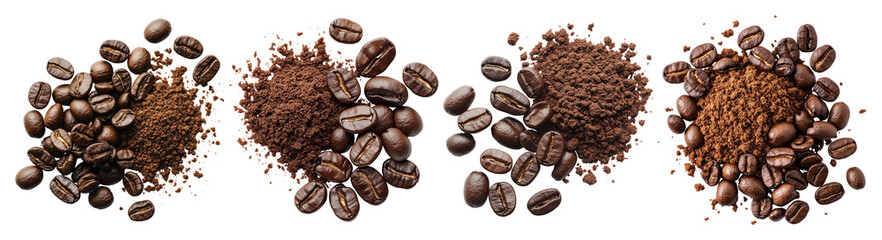 Coffee Beans and Ground Coffee on a White Background, PNG bundle collection, Isolated on Transparent Background