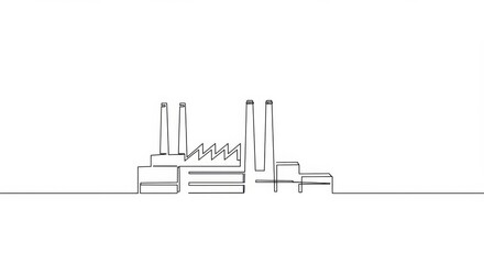 Minimalist line drawing of an industrial factory with smokestacks in continuous line