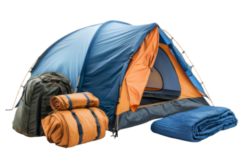 Blue and orange tent with a backpack sleeping bags and a rolled up blanket perfect for camping