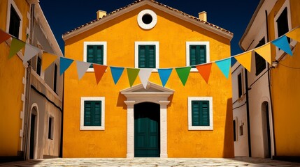 Fototapeta premium Sunny Yellow Building with Festive Bunting in a Charming Street