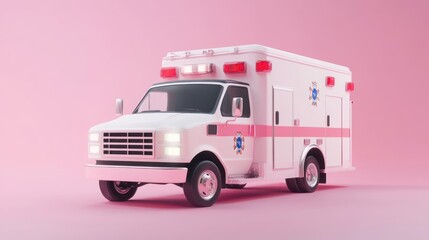 Artistic representation of a vintage ambulance with bright illumination, set against pink
