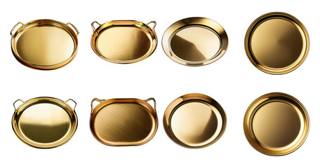 Various Gold Serving Trays with Different Shapes and Designs, PNG bundle collection, Isolated on Transparent Background