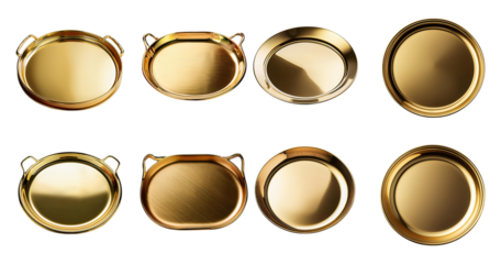 Various Gold Serving Trays with Different Shapes and Designs, PNG bundle collection, Isolated on Transparent Background