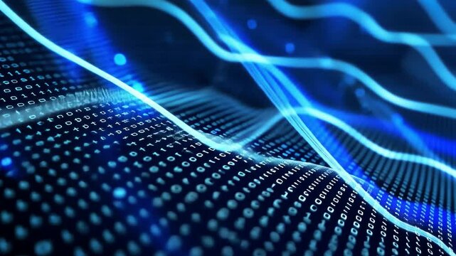 Abstract Digital Technology Flowing Blue Lines and Binary Code Representing Data Innovation and Connectivity in Mesmerizing Landscape of Futuristic Waves.