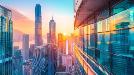 Obraz premium Modern city skyline with towering skyscrapers during a vibrant sunrise or sunset. View from a high-rise building window reflecting the urban architecture and light. 