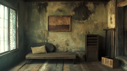 Interior room with daybed window and aged walls.