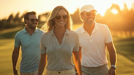 A group of friends enjoying a golf outing at sunset.